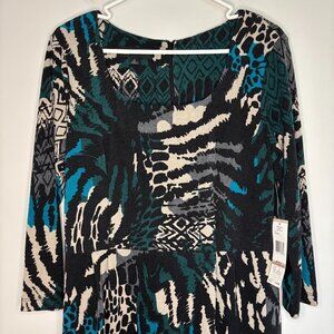 JONES NEW YORK NEW Knit Dress 12 Abstract Black Green Teal 3/4 Sleeve Scoop